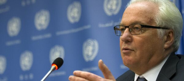 Russian ambassador to the United Nations Vitaly Churkin speaks during a news conference at the UN headquarters in New York. - اسپوتنیک ایران  