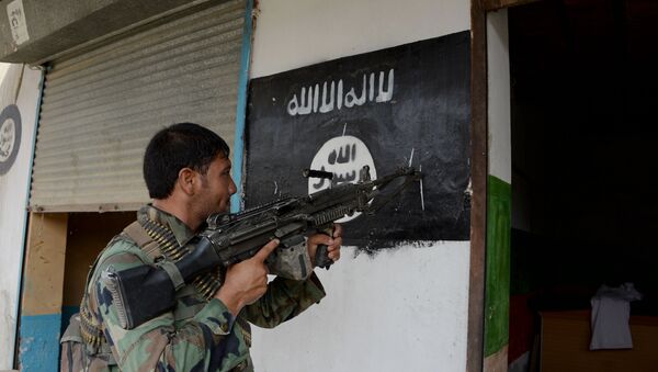 An Afghan soldier points his gun at an Islamic State group banner as he patrols during ongoing clashes in Kot District in eastern Nangarhar province - اسپوتنیک ایران  