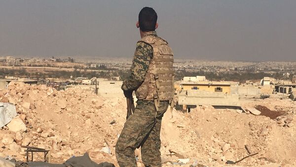 Боец сирийской армии смотрит на город Алеппо с высоты узла мобильной связи к югу от города - اسپوتنیک ایران  