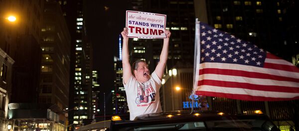 A supporter of U.S. Republican presidential candidate Donald Trump cheers near the intersection of West 54th Street and Fifth Avenue in New York, U.S. November 9, 2016 A supporter of U.S. Republican presidential candidate Donald Trump cheers near the intersection of West 54th Street and Fifth Avenue in New York, U.S. November 9, 2016 - اسپوتنیک ایران