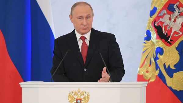 Президент РФ Владимир Путин выступает с ежегодным посланием Федеральному Собранию в Георгиевском зале Кремля - اسپوتنیک ایران  