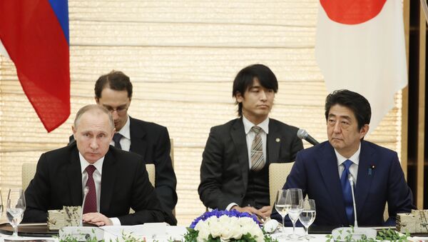Президент РФ Владимир Путин и премьер-министр Японии Синдзо Абэ во время рабочего ланча в Токио - اسپوتنیک ایران  