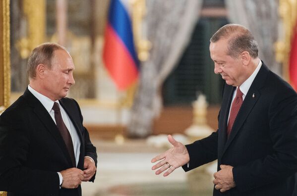 ولادیمیر پوتین، رئیس جمهور روسیه و رجب طیب اردوغان، رئیس جمهور ترکیه در زمان دیدار در استامبل - اسپوتنیک ایران  