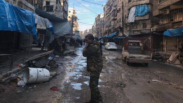 Солдат на улице восточного квартала Алеппо в Сирии - اسپوتنیک ایران  