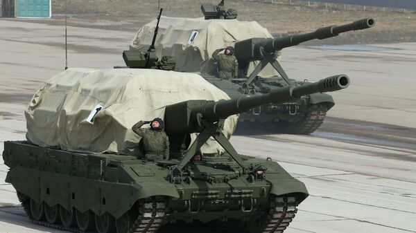 Self-propelled artillery system Koalitsiya-SV at the May 9 Victory Parade rehearsal in Moscow region. - اسپوتنیک ایران  