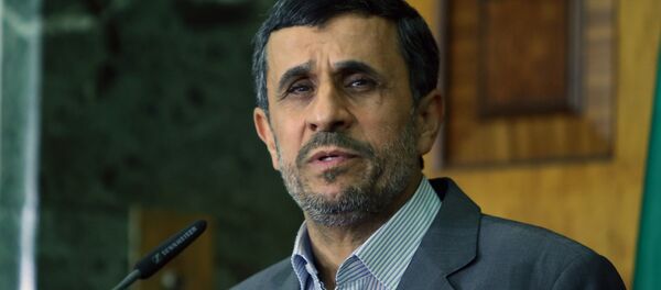 This file photo taken on July 18, 2013 shows Iran's then outgoing President Mahmoud Ahmadinejad speaking during a press conference at the presidential palace in Baghdad. This file photo taken on July 18, 2013 shows Iran's then outgoing President Mahmoud Ahmadinejad speaking during a press conference at the presidential palace in Baghdad. - اسپوتنیک ایران