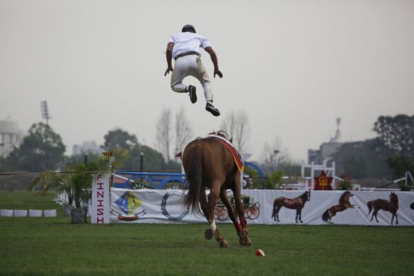 سرباز ارتش نپال  در حال نمایش مهارت اسب سواری  خود در جشنواره  اسب در کاتماندو - اسپوتنیک ایران  