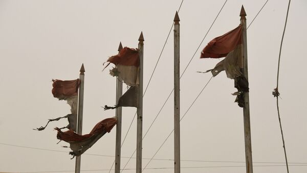 Порванные флаги Сирийской Арабской Республики во время пылевой бури в сирийском городе Дейр-эз-Зор - اسپوتنیک ایران  