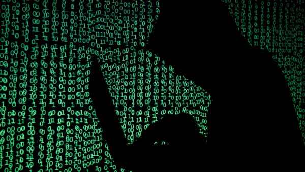 A hooded man holds a laptop computer as cyber code is projected on him in this illustration picture taken on May 13, 2017 - اسپوتنیک ایران  