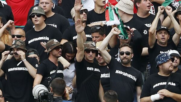 Венгерские футбольные болельщики перед матчем Исландия-Венгрия на Евро-2016 в Марселе - اسپوتنیک ایران  