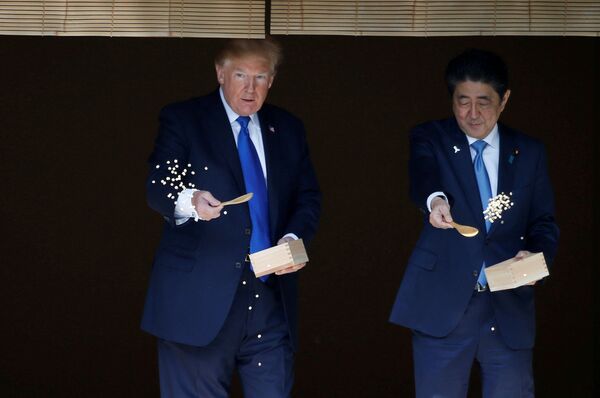 دونالد ترامپ، رئیس جمهور آمریکا و شیندزو آبه، نخست وزیر ژاپن قبل از ضیافت ناهار در کاخ آکاساکا در توکیو به ماهی ها غذا می دهند - اسپوتنیک ایران  