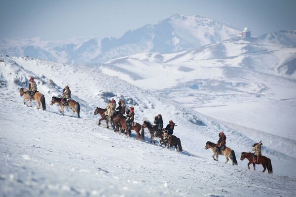 شکارچیان با اسبهای خود به مسابقه عقابهای طلایی می روند. - اسپوتنیک ایران  