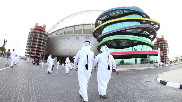 A picture taken with a fisheye lens on May 19, 2017, shows a general view of the Khalifa International Stadium in Doha, after it was refurbished ahead of the Qatar 2022 FIFA World Cup, as fans arrive to attend the Qatar Emir Cup Final football match between Al-Sadd and Al-Rayyan