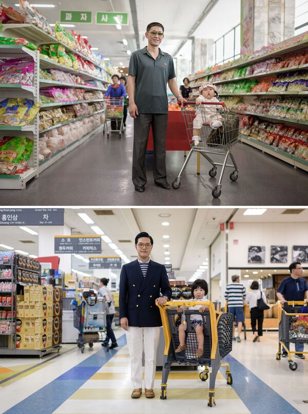 پدری همراه با فرزندش در سوپرمارکت پیونگ یانگ و سئول - اسپوتنیک ایران  