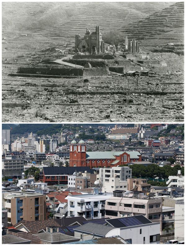 کلیسای جامع اوراکامی در شهر ناگازاکی پس از بمباران نهم اوت 1945 و امروز - اسپوتنیک ایران  