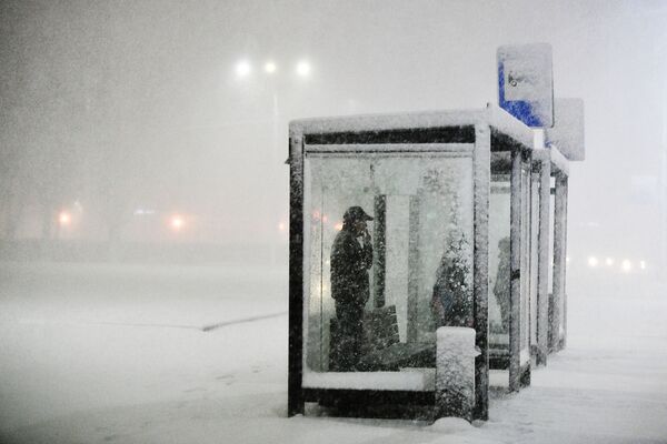 ایستگاه اتوبوس در زمان بارش برف در حومه مسکو - اسپوتنیک ایران  