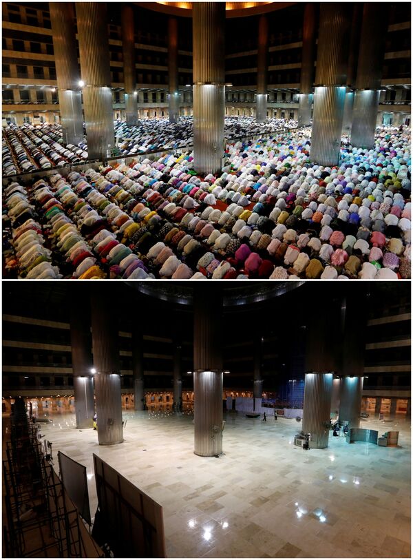 مسلمانان در ماه رمضان در مسجد استقلال در جاکارتا ۵ می سال ۲۰۱۹ و ۲۳ آوریل سال ۲۰۲۰ - اسپوتنیک ایران  