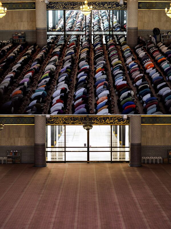مسلمانان مالزی در حال خواندن نماز در روز اول رمضان در سال ۲۰۱۶ و مسجد خالی در سال ۲۰۲۰ - اسپوتنیک ایران  