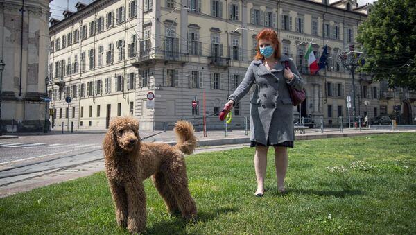 یک زن که ماسک پزشکی به صورت دارد با سگ خود در مرکز شهر تورین ایتالیا قدم می زند
 - اسپوتنیک ایران  