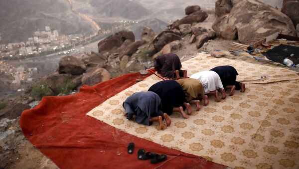 Мусульманские паломники молятся на вершине горы Тор на пути в Мекку - اسپوتنیک ایران  