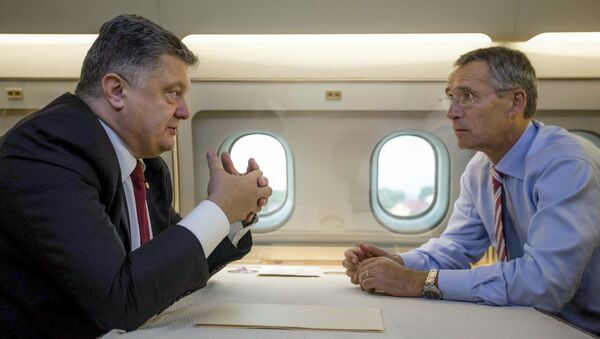 Президент Украины Петр Порошенко и генеральный секретарь НАТО Йенс Столтенберг на борту самолета - اسپوتنیک ایران  