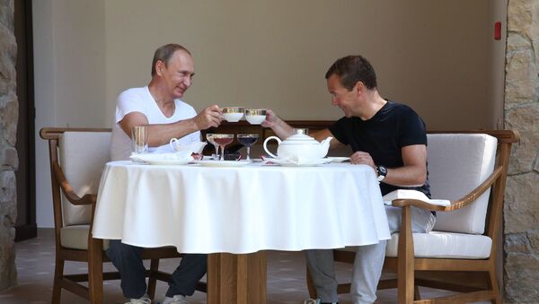 Президент России Владимир Путин и премьер-министр России Дмитрий Медведев в Сочи - اسپوتنیک ایران  