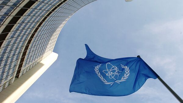 IAEA flag flatters in the wind in front of the International Atomic Energy Agency headquarers in UN city in Vienna - اسپوتنیک ایران  